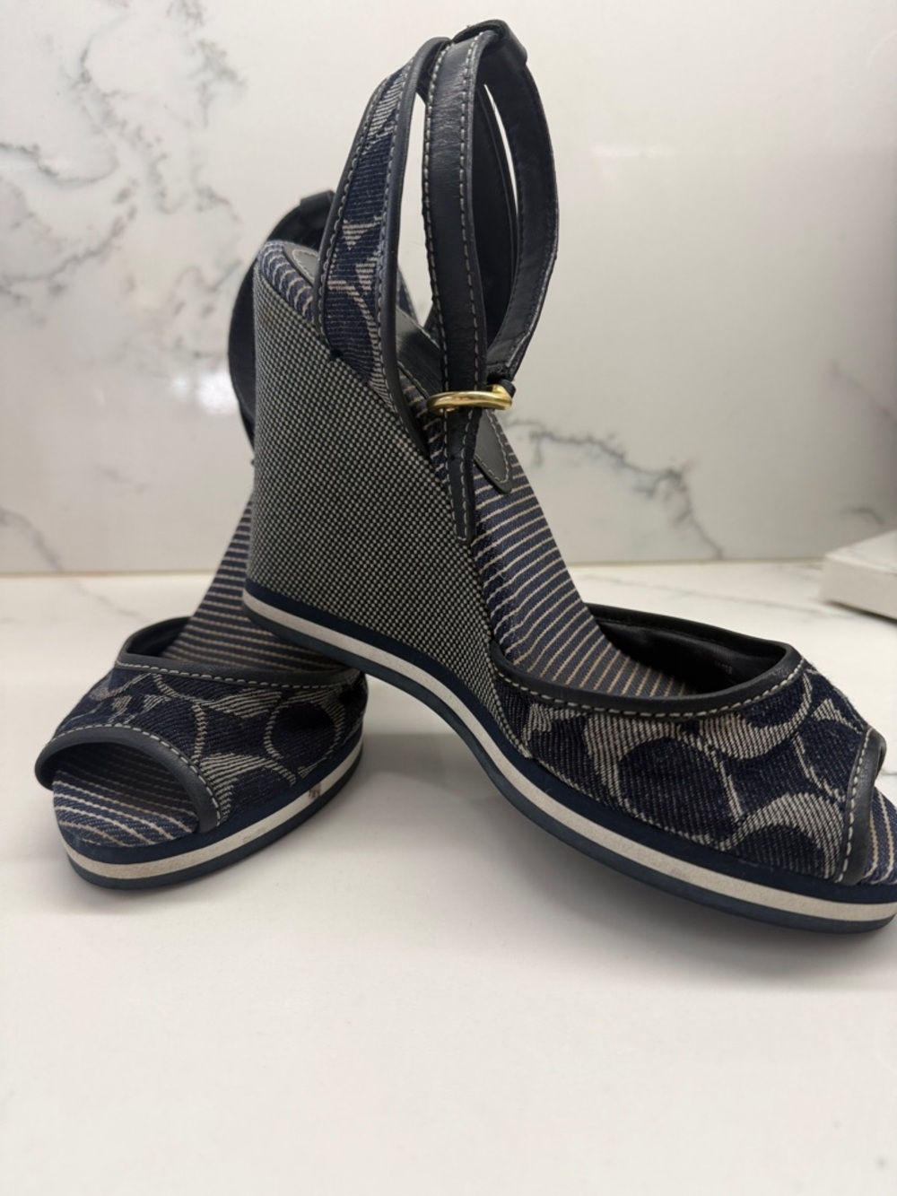 Coach Navy and Cream Logo Wedge Peep-Toe Slingbacks